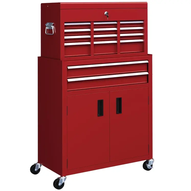 HOMCOM Portable Tool Box, Metal Tool Chest on Wheels with 6 Drawers for Garage and Workshop in Red