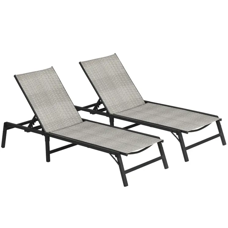 Outsunny Foldable Outdoor PE Rattan Sun Lounger Set of 2, Patio Wicker Recliners Lounge Chair with 5-Level Adjustable Backrest, for Poolside, Garden in Mixed Grey