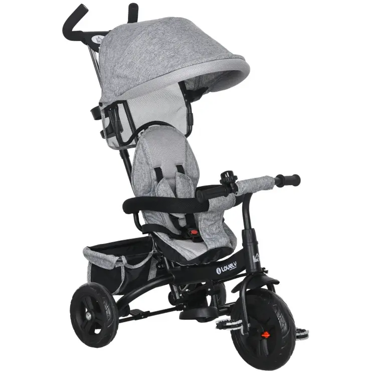 4 in 1 Kids Trike Push Bike with Push Handle, Canopy, 5-point Safety Belt, Storage, Footrest, Brake, for 1-5 Years in Grey | HOMCOM