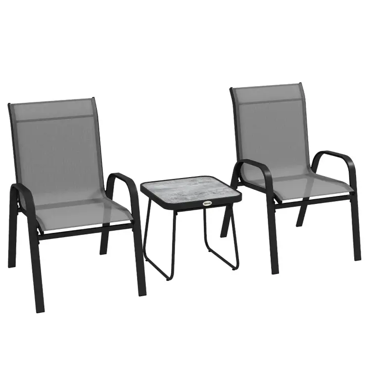 Outsunny 3 Pieces Outdoor Bistro Set, Patio Stackable Armchairs with Breathable Mesh Fabric and SPC Board Coffee Table, Light Grey