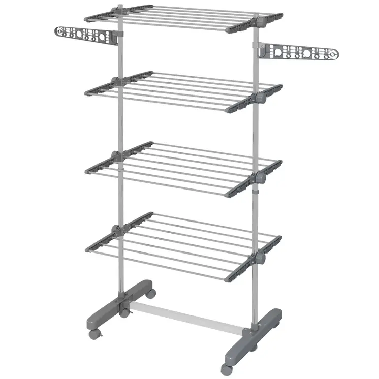 HOMCOM 4 Tier Clothes Airer, Foldable Clothes Drying Rack, Stainless Steel Clothes Dryer with Wheels & Wings