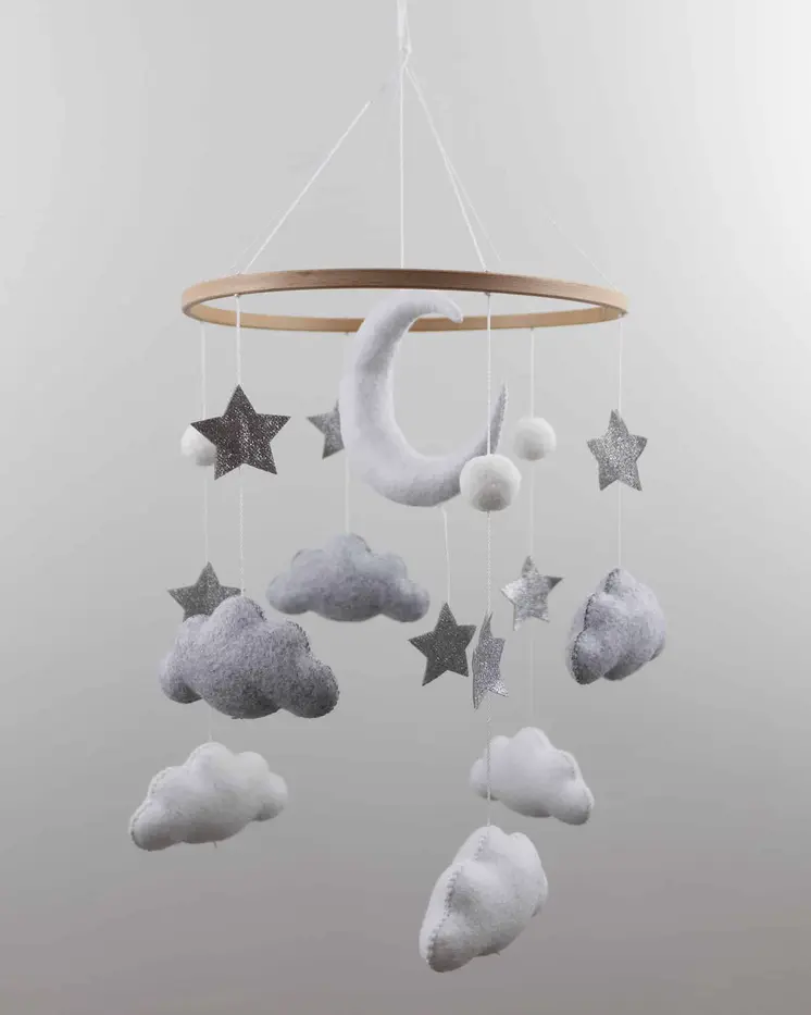 Complete set Handmade Moon And Stars baby mobile (Mobile + Arm + Box)