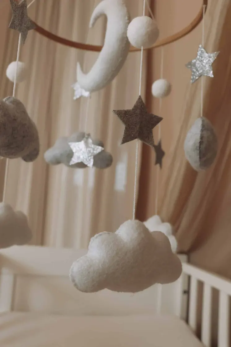 Complete set Handmade Moon And Stars baby mobile (Mobile + Arm + Box)