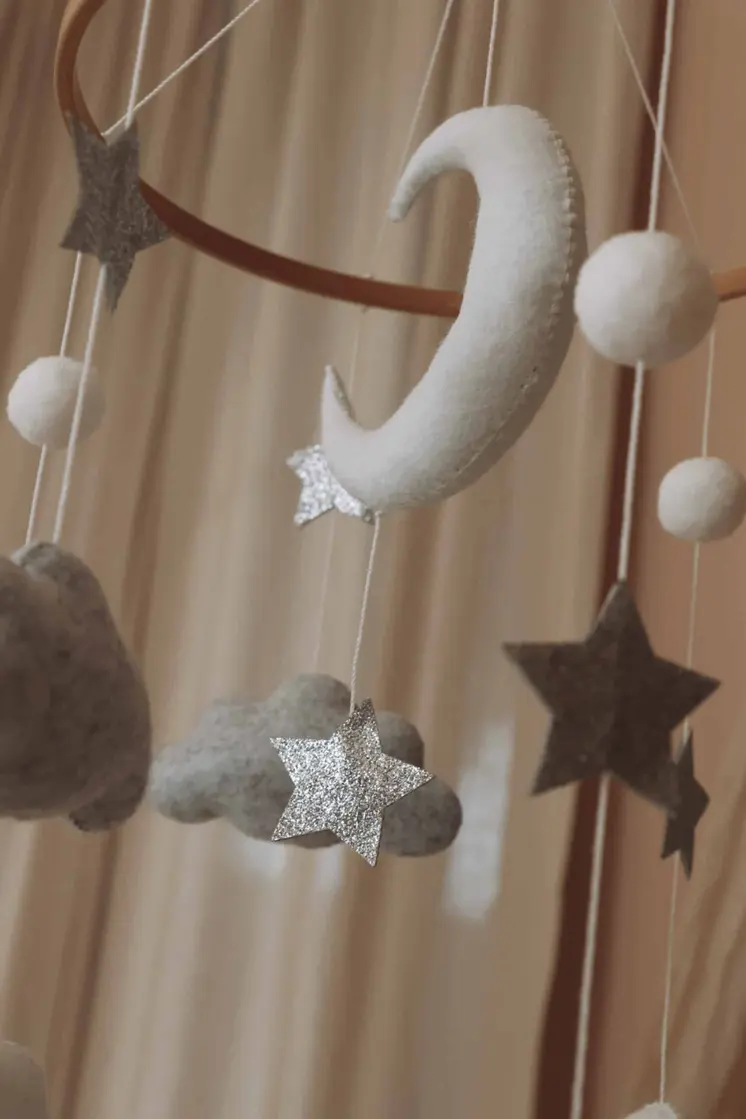 Complete set Handmade Moon And Stars baby mobile (Mobile + Arm + Box)
