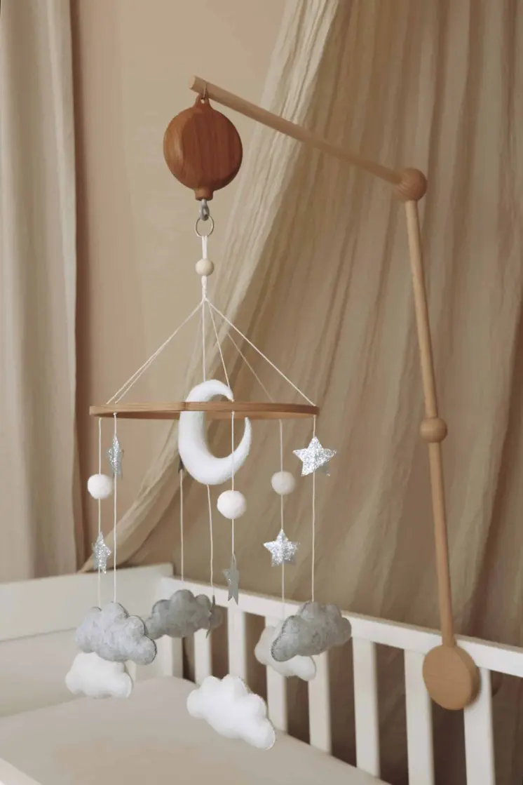 Complete set Handmade Moon And Stars baby mobile (Mobile + Arm + Box)