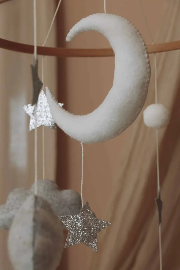 Complete set Handmade Moon And Stars baby mobile (Mobile + Arm + Box)