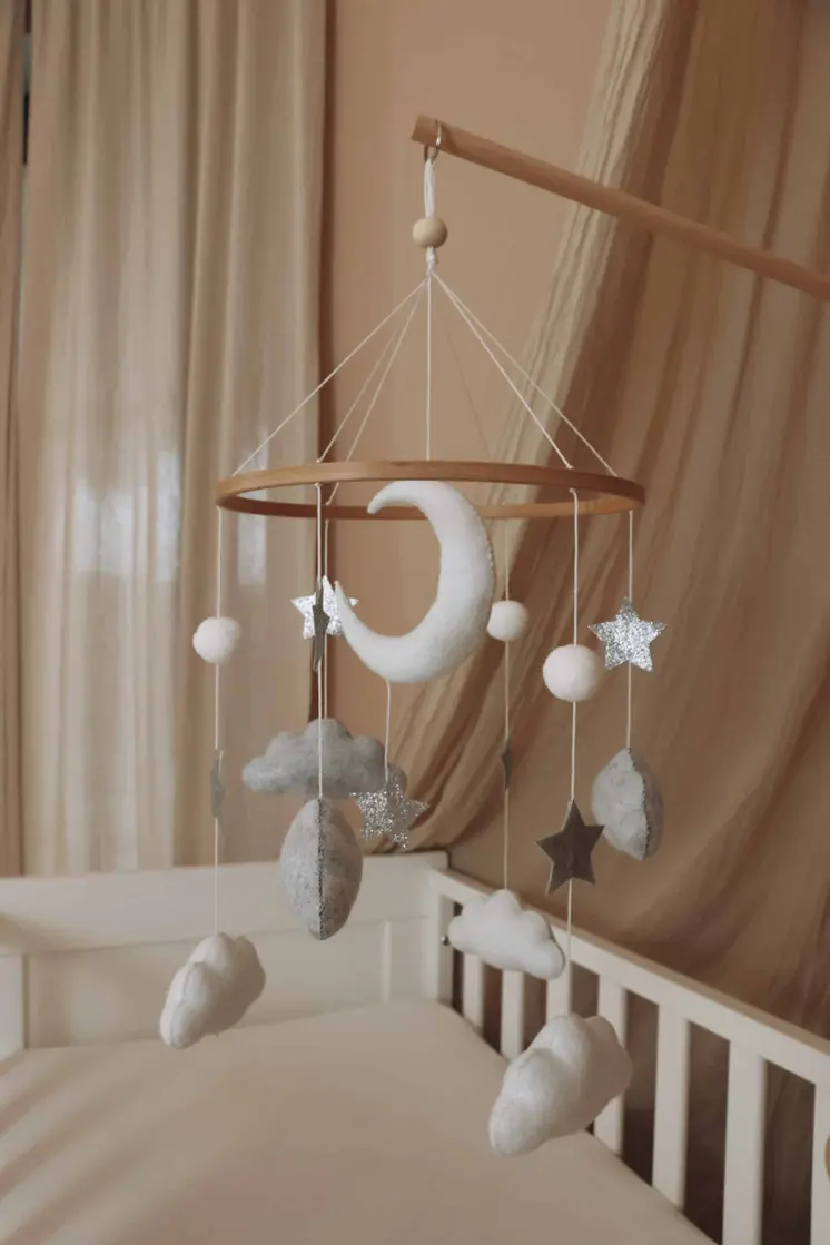 Complete set Handmade Moon And Stars baby mobile (Mobile + Arm + Box)