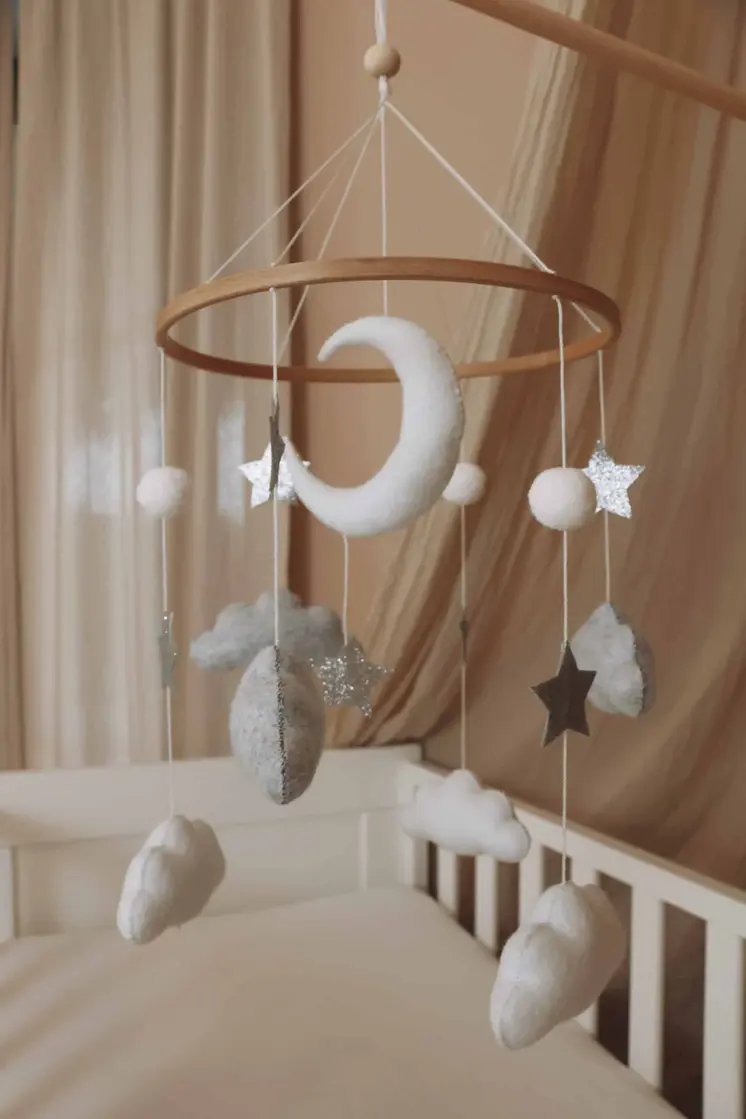 Complete set Handmade Moon And Stars baby mobile (Mobile + Arm + Box)