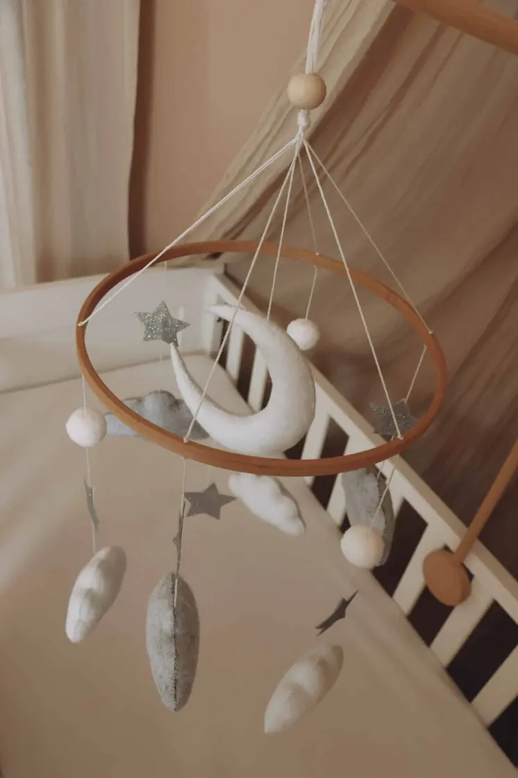Complete set Handmade Moon And Stars baby mobile (Mobile + Arm + Box)