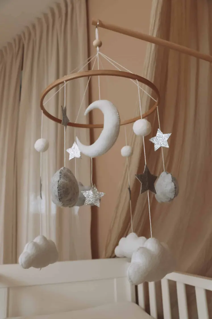 Complete set Handmade Moon And Stars baby mobile (Mobile + Arm + Box)