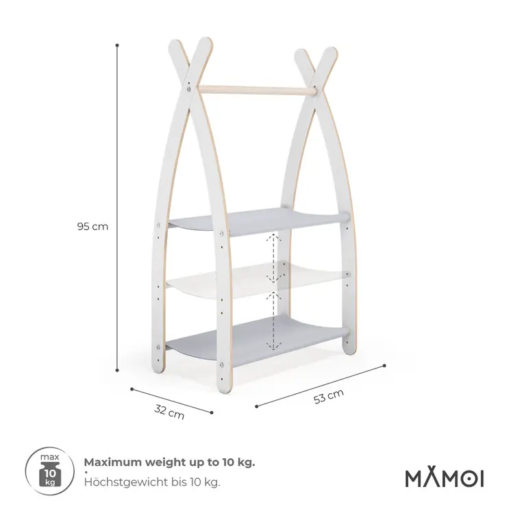 MAMOI® Children clothes rail Light grey 53x95x32cm | Dressing up rail for kids made of Yarnwood | Baby wardrobe clothes storage modern design | Baby accessories | 100% ECO | MADE in EU