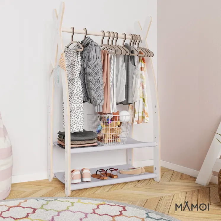 MAMOI® Children clothes rail Light grey 53x95x32cm | Dressing up rail for kids made of Yarnwood | Baby wardrobe clothes storage modern design | Baby accessories | 100% ECO | MADE in EU