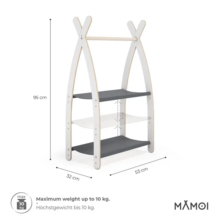 MAMOI® Children clothes rail Grey 53x95x32cm | Dressing up rail for kids made of Yarnwood | Baby wardrobe clothes storage modern design | Baby accessories | 100% ECO | MADE in EU
