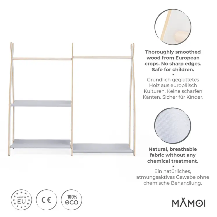 MAMOI® Children clothes rail Beige 95x106x32cm | Dressing up rail for kids made of Yarnwood | Baby wardrobe clothes storage modern design | Baby accessories | 100% ECO | MADE in EU