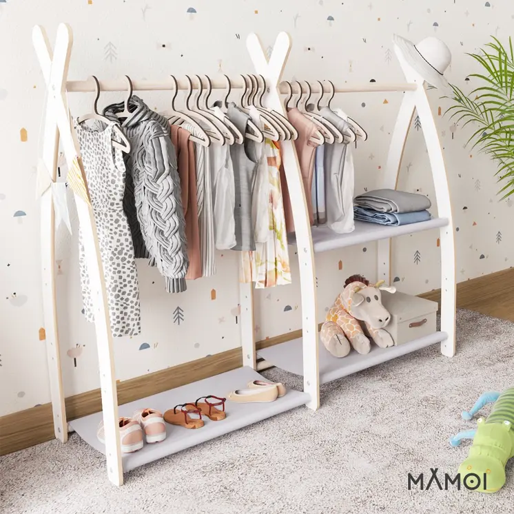 MAMOI® Children clothes rail Beige 95x106x32cm | Dressing up rail for kids made of Yarnwood | Baby wardrobe clothes storage modern design | Baby accessories | 100% ECO | MADE in EU