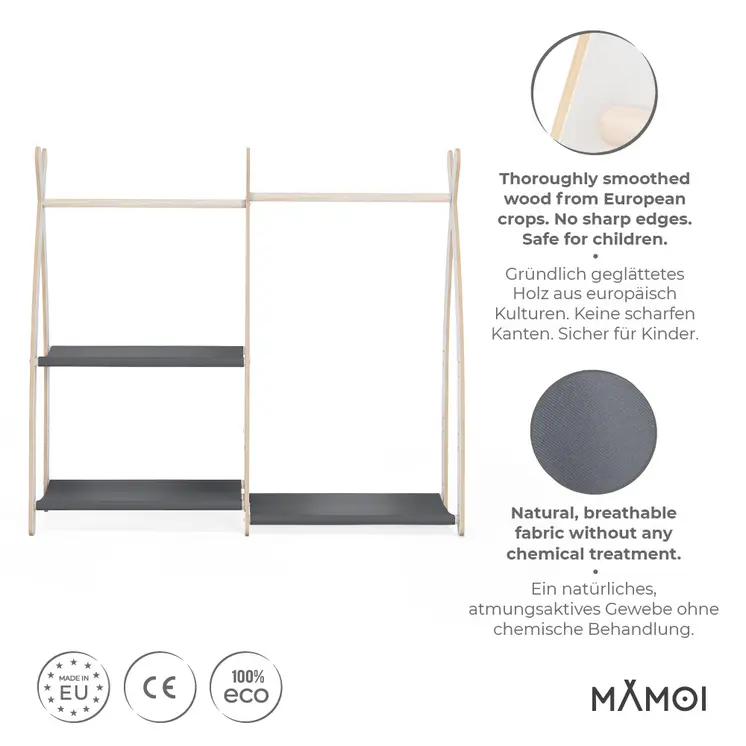 MAMOI® Kleiderstange Baby Kinderzimmer | Kinderkleiderstange 95x106x32cm | Kinder Kleiderständer Baby | Garderobenständer | Baby Garderobe | Kindergarderobe | 100% ECO | Made in EU