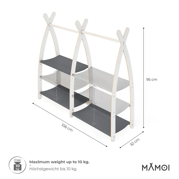 MAMOI® Kleiderstange Baby Kinderzimmer | Kinderkleiderstange 95x106x32cm | Kinder Kleiderständer Baby | Garderobenständer | Baby Garderobe | Kindergarderobe | 100% ECO | Made in EU