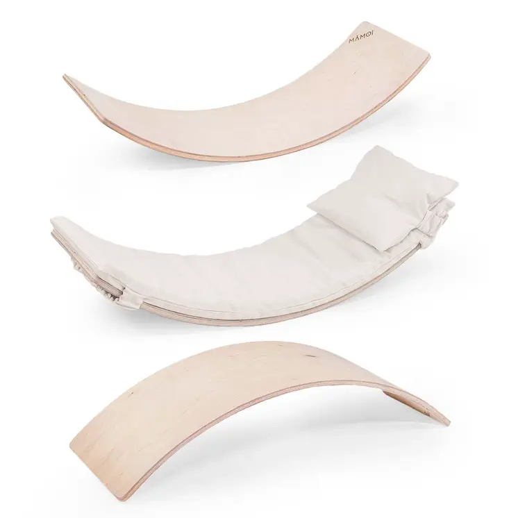 MAMOI® Wooden balance board for kids with beige cushion , Rocker seesaw, Baby balancing games, Toddler balance game, Wobble board, Play equipment for children, montessori sensory toys
