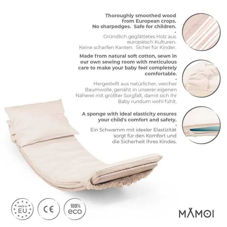 MAMOI® Wooden balance board for kids with beige cushion , Rocker seesaw, Baby balancing games, Toddler balance game, Wobble board, Play equipment for children, montessori sensory toys