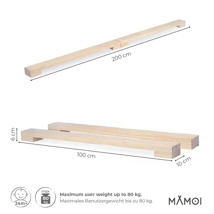 MAMOI® Gymnastics beam for kids (200 cm), Padded non-slip folding balance beam, Kids gym equipment at home, Gymnastic floor beams & bases for children