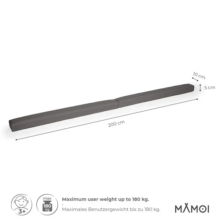 MAMOI® Gymnastics beam for kids Grey (200 cm), Padded non-slip folding balance beam, Kids gym equipment at home, Gymnastic floor beams & bases for children