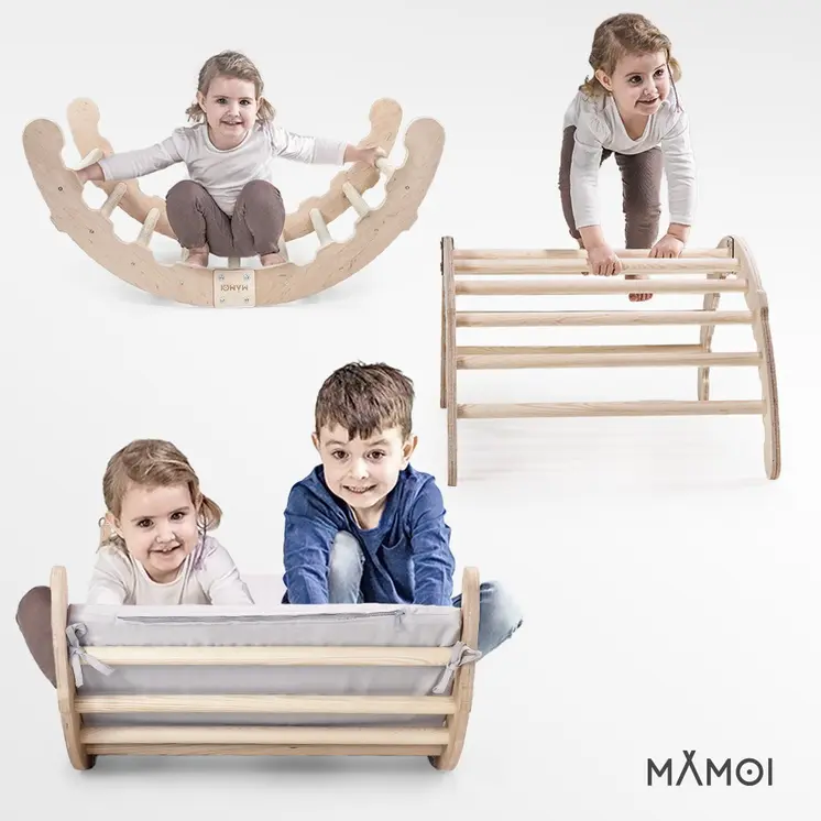 MAMOI® Toddler climbing frame indoor with cushion, Cushion for indoor climbing frame for toddlers, Baby kids climbing dome, Wooden climbing triangle for children from 1/2/3 years