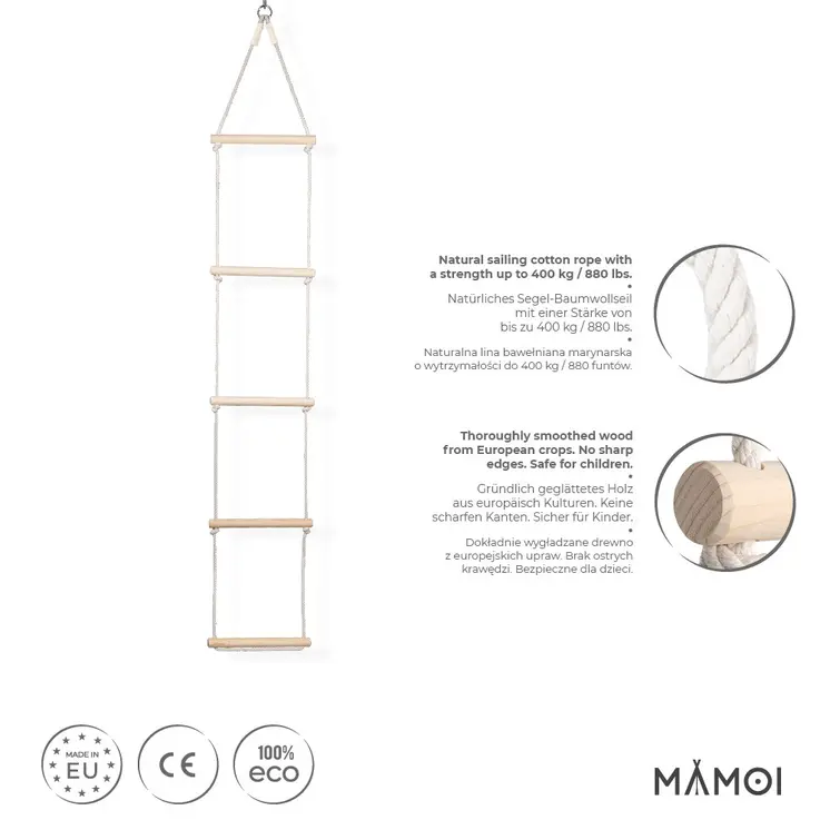 MAMOI® Rope ladder durable climbing ladder for children made of wood and cotton cord | Scandinavian design | 100% ECO | Made in the EU