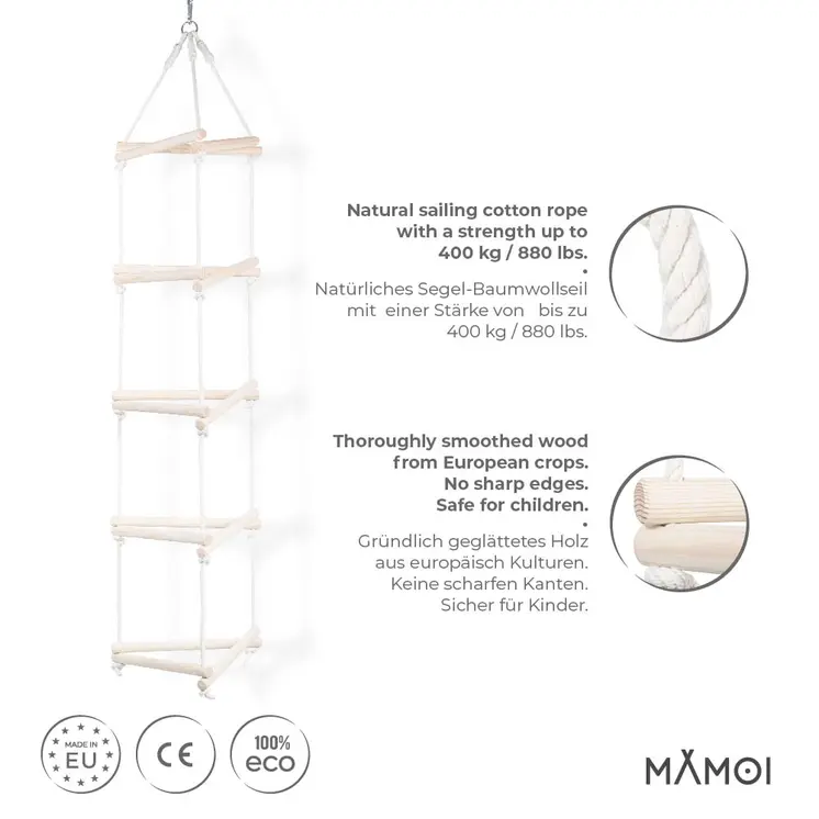 MAMOI® Dreieck Hänge Leiter für Kinder | Strickleiter Kinder Outdoor scandi Design | Nachhaltig Hängeleiter Kinder aus natürlichem Holz | 100% ECO | Made in EU