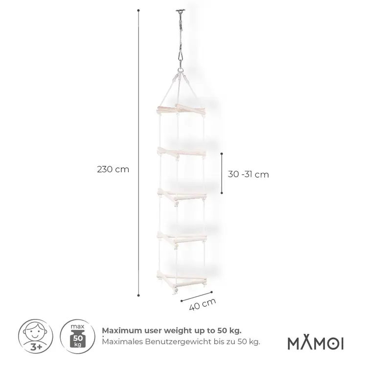 MAMOI® Dreieck Hänge Leiter für Kinder | Strickleiter Kinder Outdoor scandi Design | Nachhaltig Hängeleiter Kinder aus natürlichem Holz | 100% ECO | Made in EU