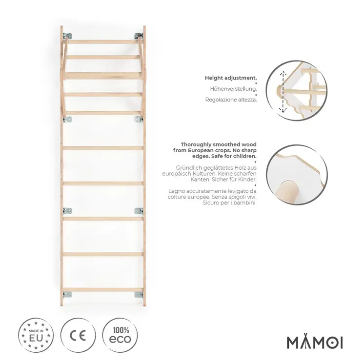 MAMOI® Swedish ladder, Wooden gorilla gym for kids, Indoor baby climbing frame for toddlers, Monkey bars and play gym, Childrens climbing wall, Gymnastics bar and equipment for home