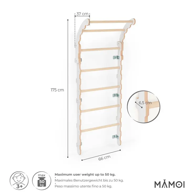 MAMOI® Swedish ladder, Wooden gorilla gym for kids, Indoor baby climbing frame for toddlers, Monkey bars and play gym, Childrens climbing wall, Gymnastics bar and equipment for home
