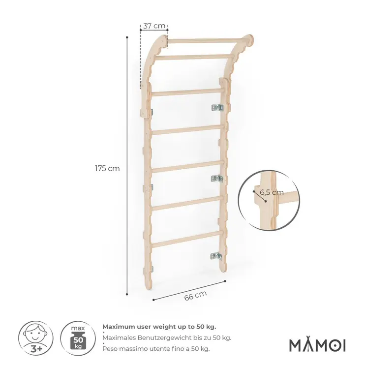 MAMOI® Klettergerüst Indoor, Sprossenwand für kinderzimmer, Turnringe kinder für klettern, Kletterwand und spielgeräte, Turngeräte mit Klimmzugstange für drinnen, Sportgeräte ab 3 jahre