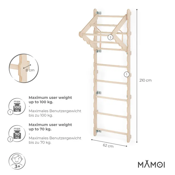 MAMOI® Swedish ladder, Wooden gorilla gym for kids, Indoor baby climbing frame for toddlers, Monkey bars and play gym, Childrens climbing wall, Gymnastics bar and equipment for home