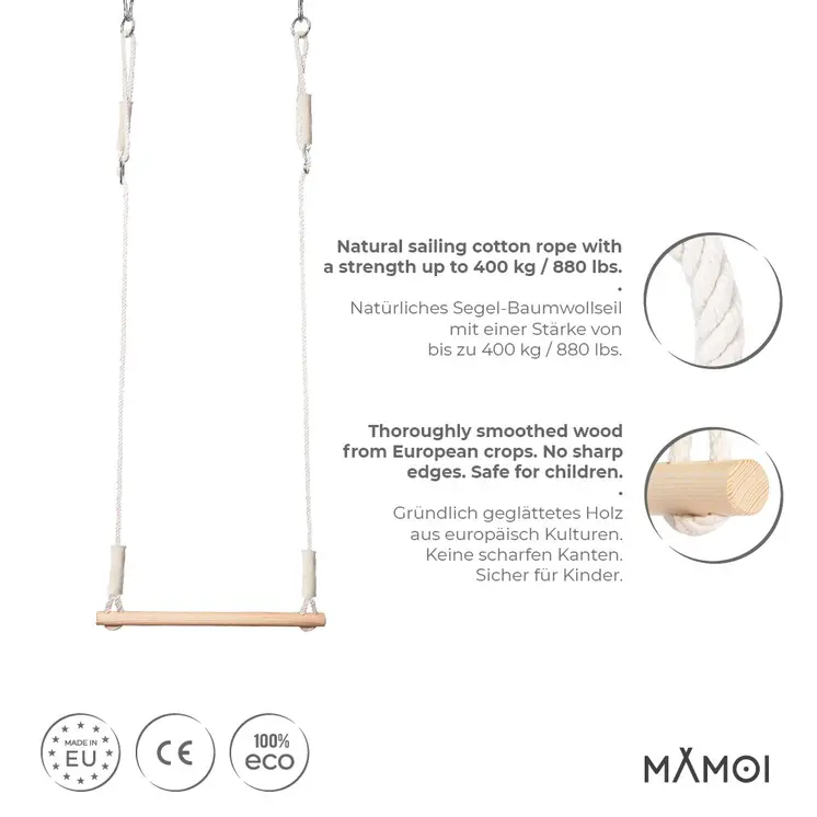 MAMOI® Anneaux gymnastique, Anneau balancoire en bois, Trapèze cirque, Balançoire trapeze pour bebe, Barre de gymnastique et accessoire de gym pour bébé