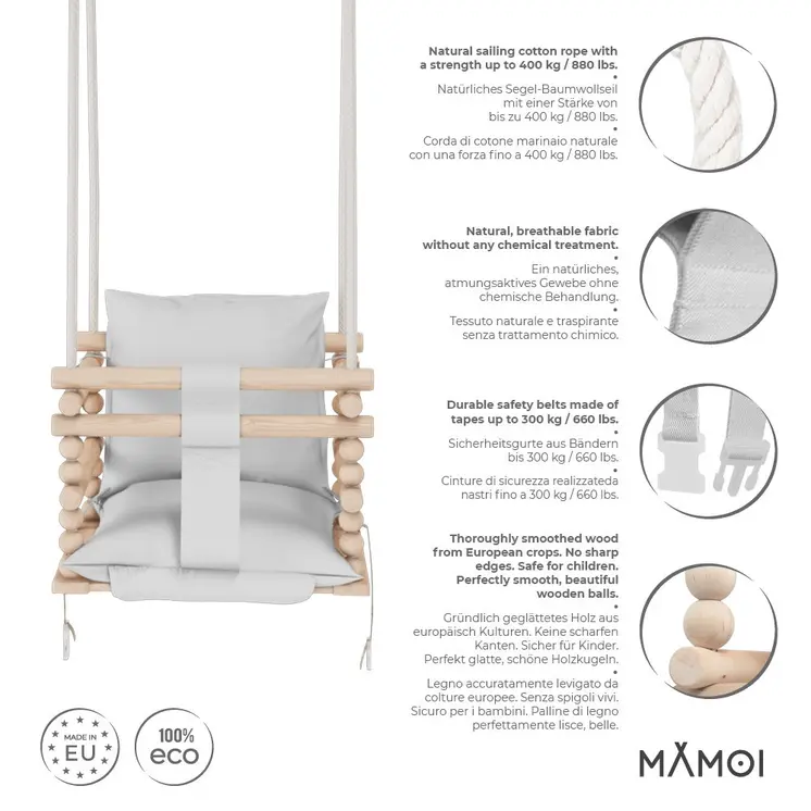 MAMOI® Balancoire bebe pour interieur, Siege balançoire pour bébé, Balancelle de coton en bois naturel, Baby swing pour enfant  à partir de 1 an, 3 en 1