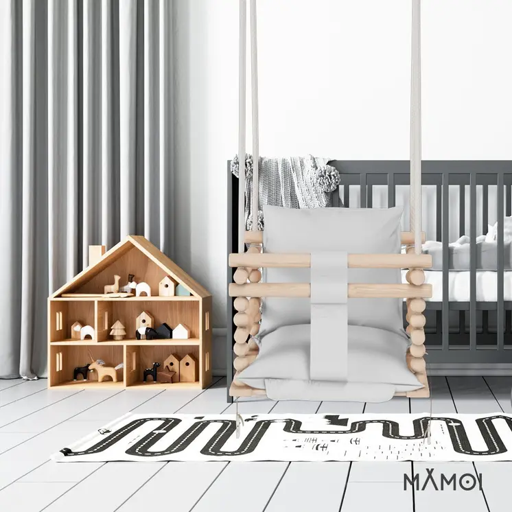 MAMOI® Balancoire bebe pour interieur, Siege balançoire pour bébé, Balancelle de coton en bois naturel, Baby swing pour enfant  à partir de 1 an, 3 en 1