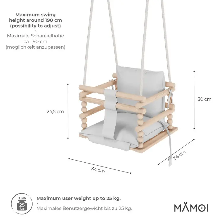 MAMOI® Balancoire bebe pour interieur, Siege balançoire pour bébé, Balancelle de coton en bois naturel, Baby swing pour enfant  à partir de 1 an, 3 en 1