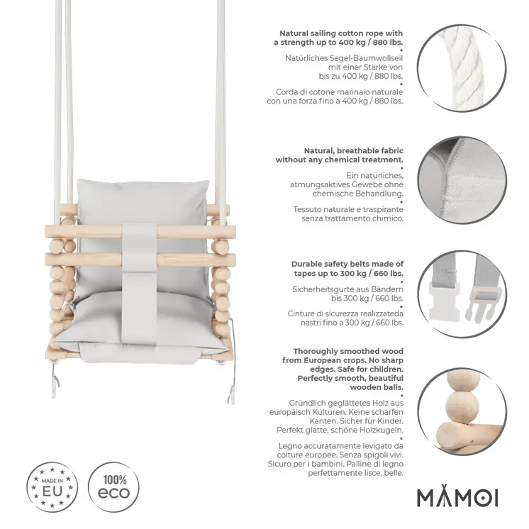 MAMOI® Baby swing Light grey, Toddler sensory seat 3 in 1, Wooden door bouncer for kids, Indoor swings set, Chair from birth for toddlers age 1-3