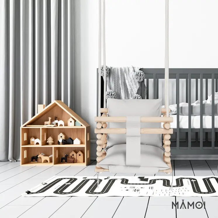 MAMOI® Baby swing Light grey, Toddler sensory seat 3 in 1, Wooden door bouncer for kids, Indoor swings set, Chair from birth for toddlers age 1-3