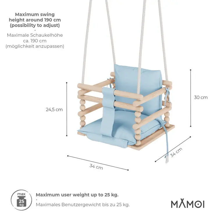 MAMOI® Baby swing Blue, Toddler sensory seat 3 in 1, Wooden door bouncer for kids, Indoor swings set, Chair from birth for toddlers age 1-3