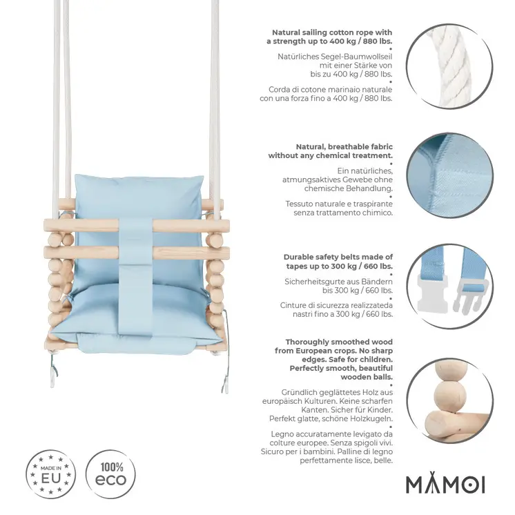 MAMOI® Baby swing Blue, Toddler sensory seat 3 in 1, Wooden door bouncer for kids, Indoor swings set, Chair from birth for toddlers age 1-3