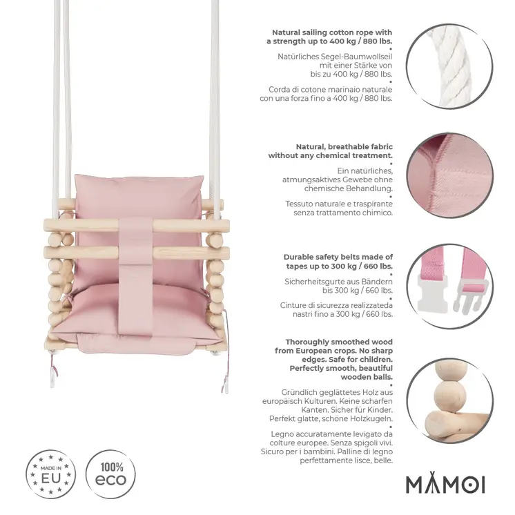 MAMOI® Balancoire bebe pour interieur, Siege balançoire pour bébé, Balancelle de coton en bois naturel, Baby swing pour enfant  à partir de 1 an, 3 en 1