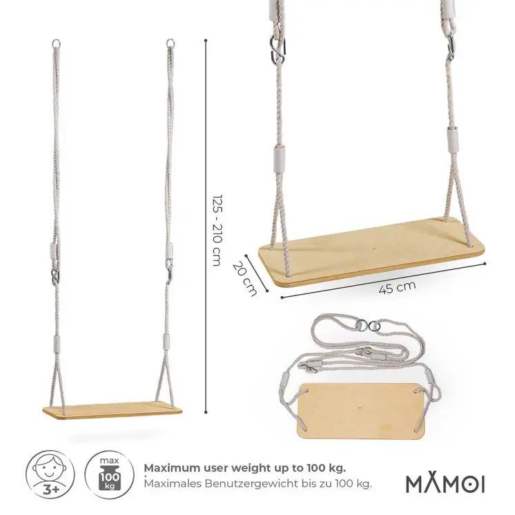 MAMOI® Child’s swing Wooden swing Child’s swing for garden outdoors | Wooden swing up to 100 kg! | Made in EU | 100% ECO