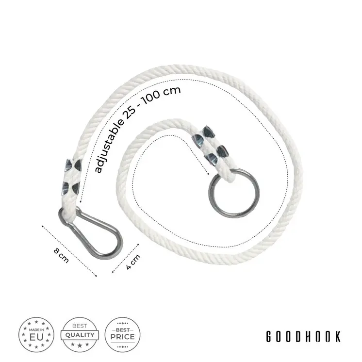 MAMOI® Swing rope 50 kg | 2 x extension of swing rope with metal snap hood | 100% ECO natural rope with snap hook | Made in EU