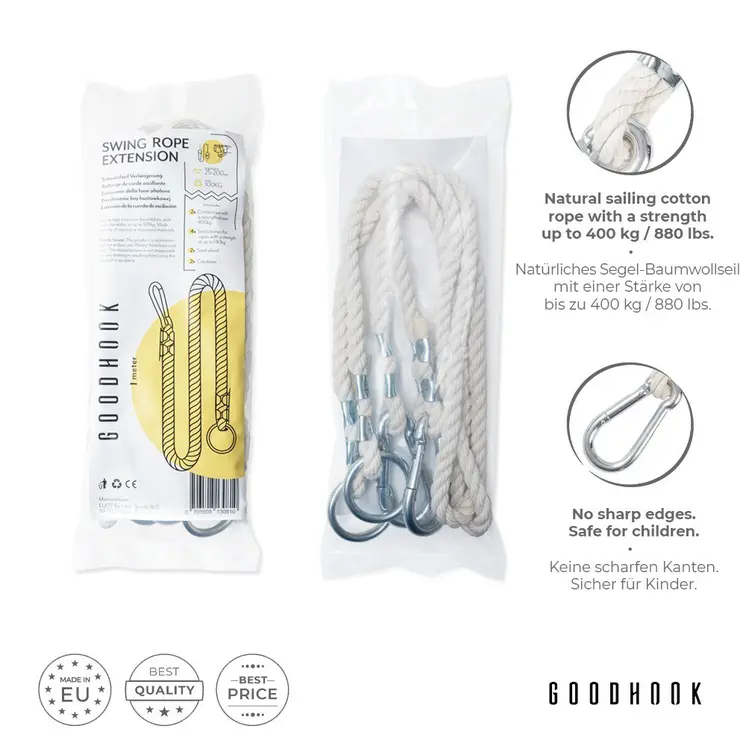 MAMOI® Swing rope 50 kg | 2 x extension of swing rope with metal snap hood | 100% ECO natural rope with snap hook | Made in EU