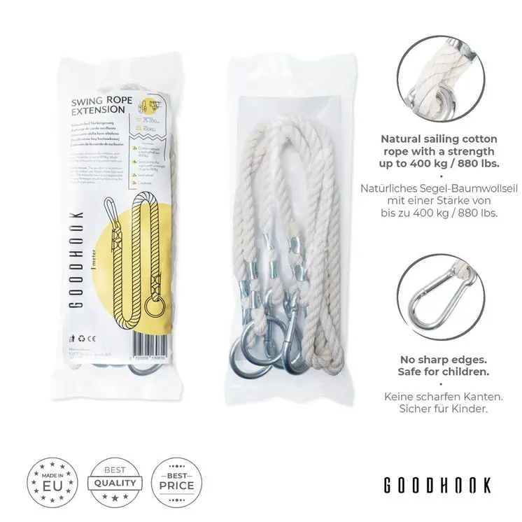 MAMOI® Swing rope 50 kg | 2 x extension of swing rope with metal snap hood | 100% ECO natural rope with snap hook | Made in EU
