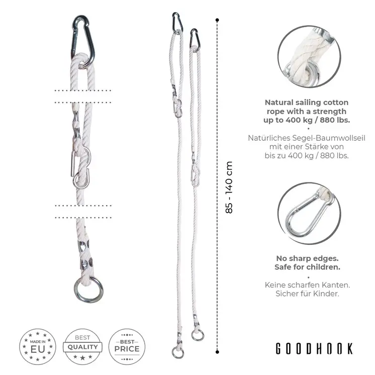 MAMOI® Corde à balancier réglable 85-140 cm | 2 x rallonge de corde à balancier avec mousqueton métallique | Corde en coton naturel avec mousqueton | 100% ECO | Fabriqué dans l'UE