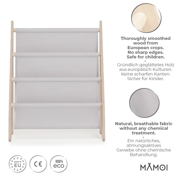 MAMOI® Book shelf for kids Light grey, Bookcase for childrens room, Small bookshelf for toddler, Child bookcases and shelves, Wall stand storage and furniture for bedroom