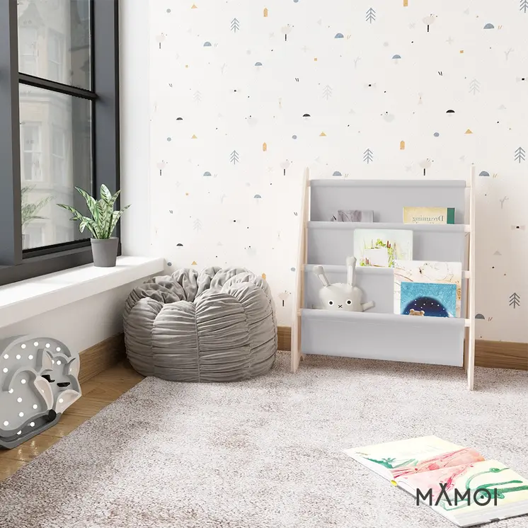 MAMOI® Book shelf for kids Light grey, Bookcase for childrens room, Small bookshelf for toddler, Child bookcases and shelves, Wall stand storage and furniture for bedroom