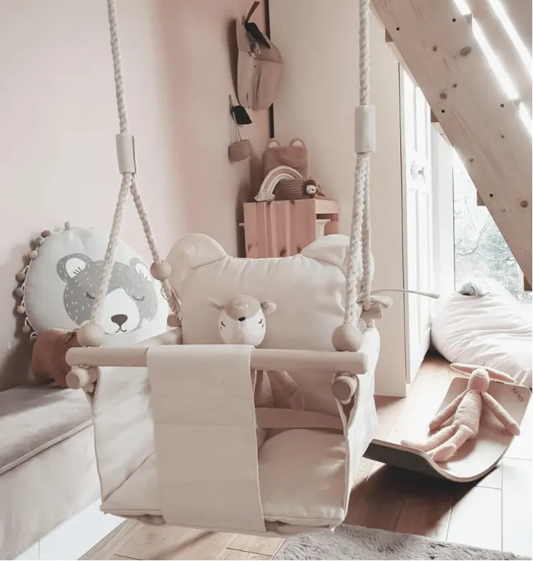 MAMOI® Wooden baby swing seat for toddlers Beige, Indoor toddler swings chair from birth, Kids baby bouncer for garden, Child rocker swing set from 8 months